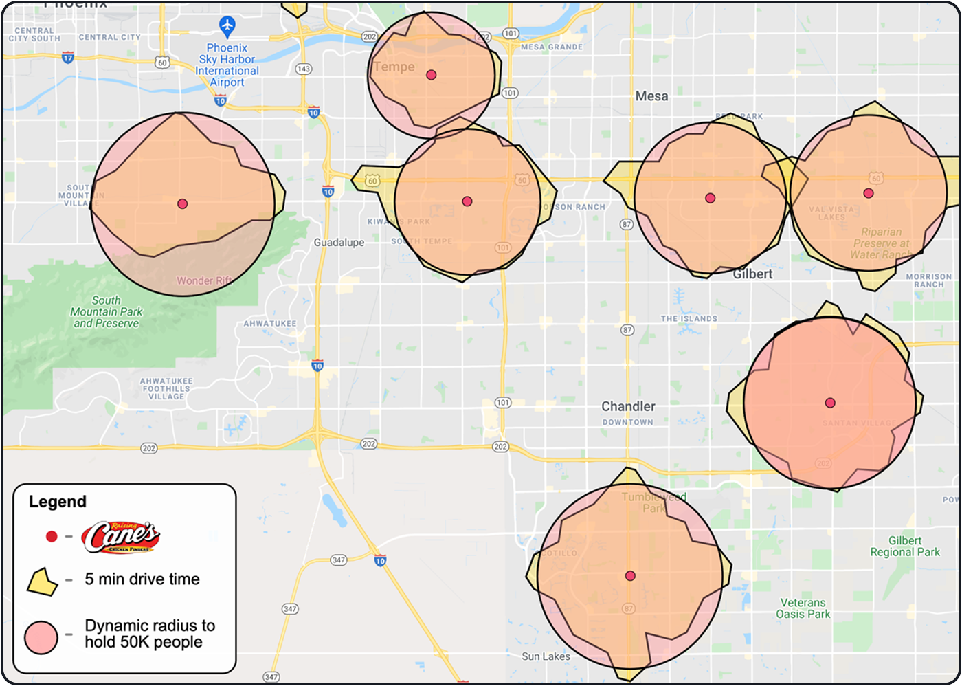Current Canes locations with a drive time and population buffer