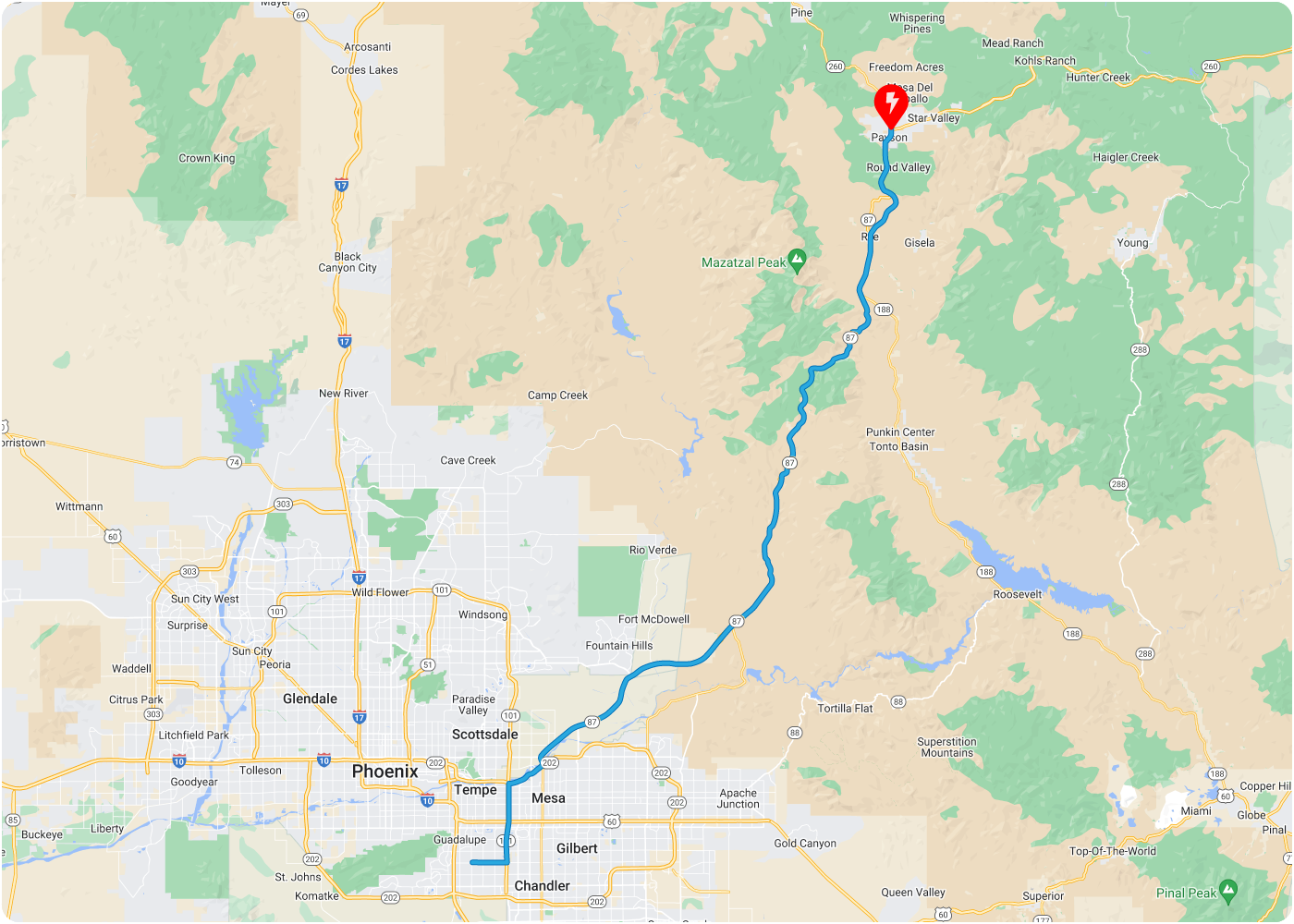 Map showing our drive up to northern Arizona