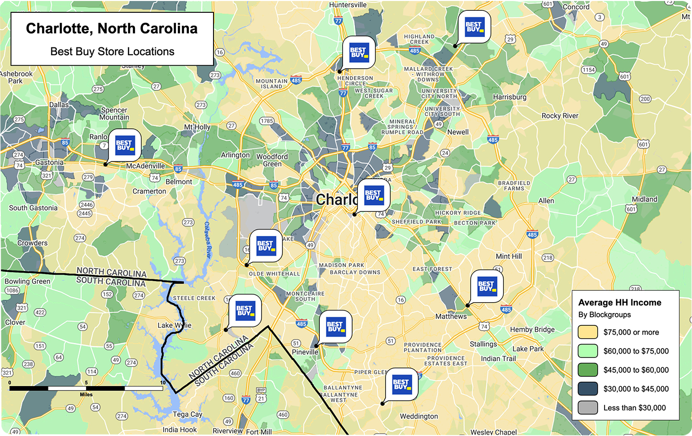 Charlotte map with Best Buy locations