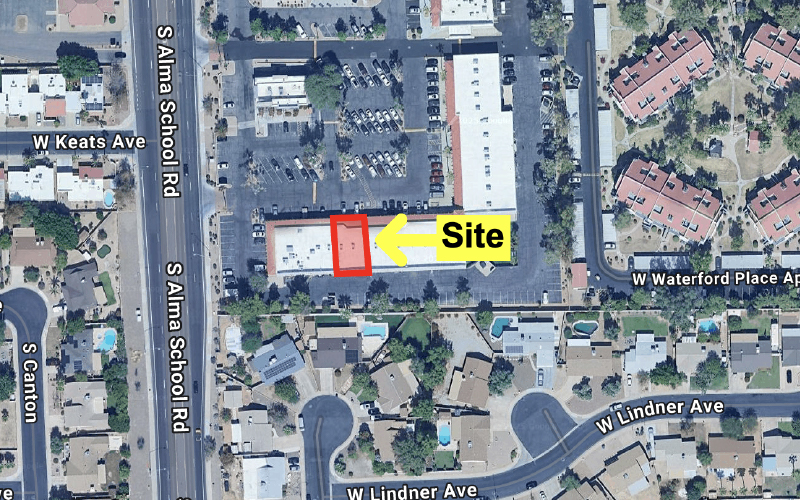 Closeup of vacant retail space at Fiesta Palms II Shopping Center